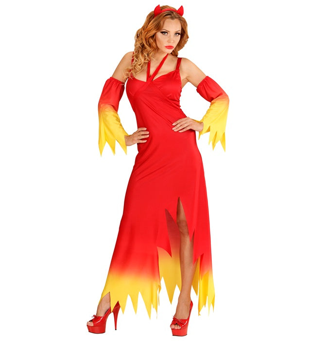 Teufelin-Kostüm mit rotem Kleid, schwarzen Ärmeln und Teufelshörnern