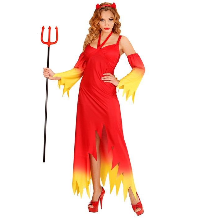 Teufelin-Kostüm mit rotem Kleid, schwarzen Ärmeln und Teufelshörnern