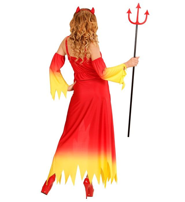 Teufelin-Kostüm mit rotem Kleid, schwarzen Ärmeln und Teufelshörnern