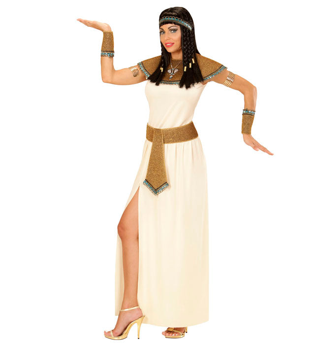 Cleopatra Kostüm Set mit Kleid, Gürtel, Kragen, Armbändern und Kopfschmuck auf weissem Hintergrund