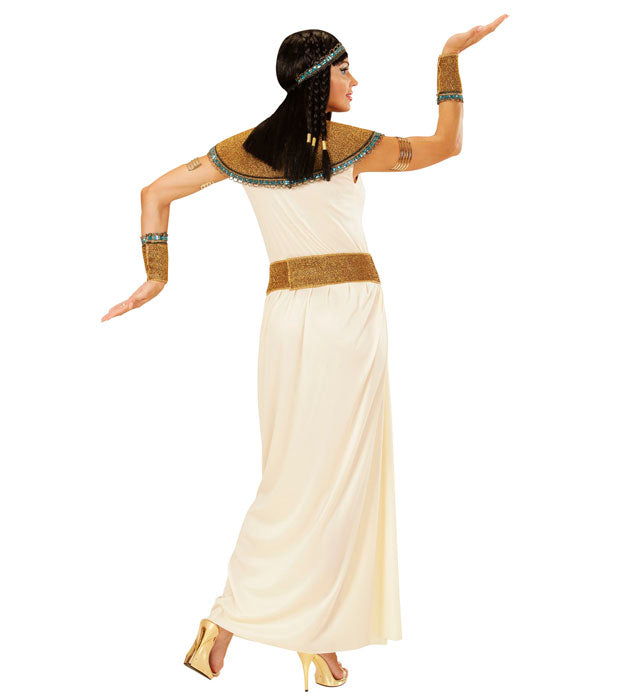 Cleopatra Kostüm Set mit Kleid, Gürtel, Kragen, Armbändern und Kopfschmuck auf weissem Hintergrund