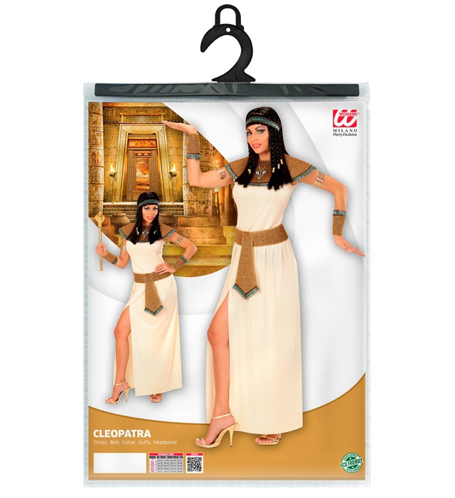 Cleopatra Kostüm Set mit Kleid, Gürtel, Kragen, Armbändern und Kopfschmuck auf weissem Hintergrund