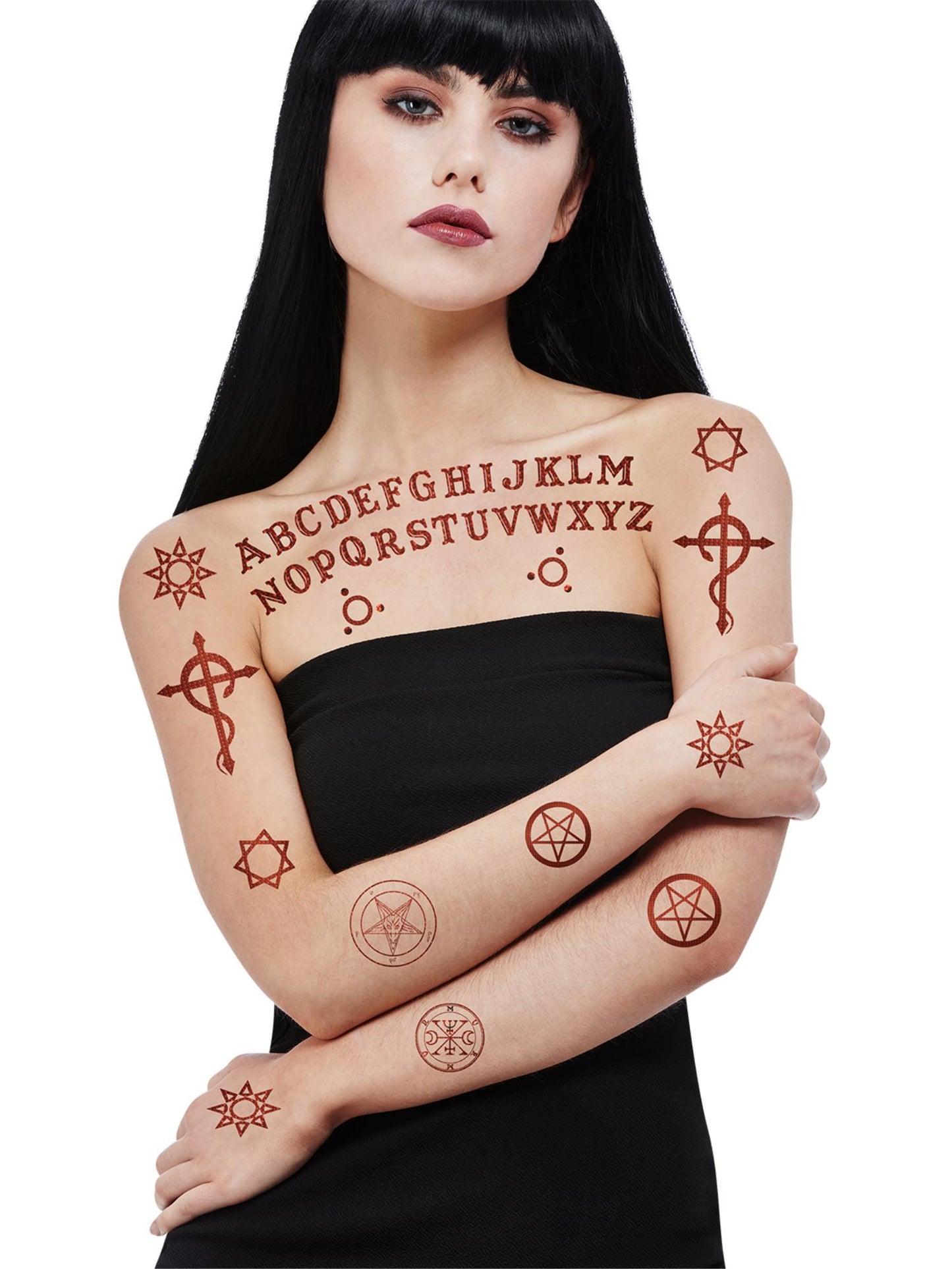 Smiffys Satanic Tattoo Transfers CD für Damen – rote temporäre Tattoo-Transfers – Produktansicht