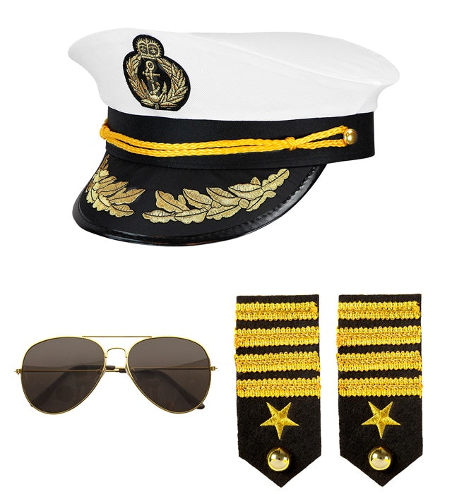 Navy Captain Kostümset mit Mütze, goldfarbenen Epauletten und Brille