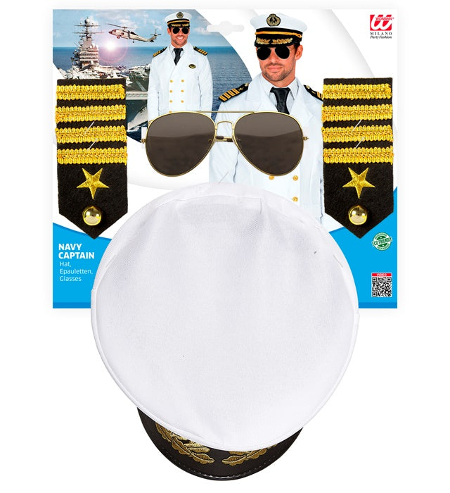Navy Captain Kostümset mit Mütze, goldfarbenen Epauletten und Brille
