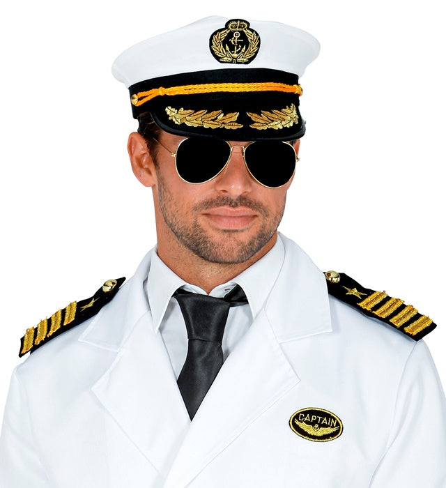 Navy Captain Kostümset mit Mütze, goldfarbenen Epauletten und Brille