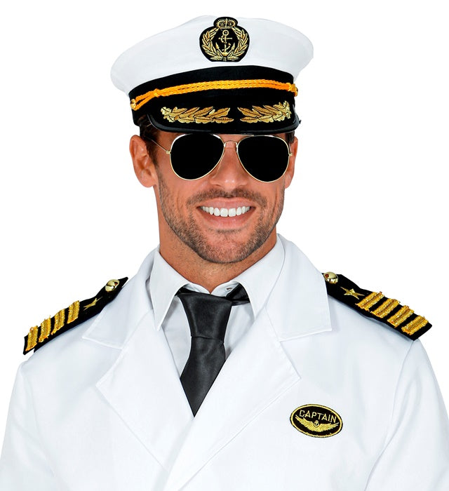 Navy Captain Kostümset mit Mütze, goldfarbenen Epauletten und Brille