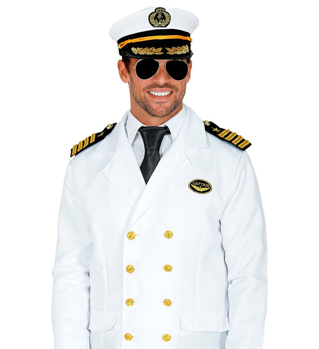 Navy Captain Kostümset mit Mütze, goldfarbenen Epauletten und Brille