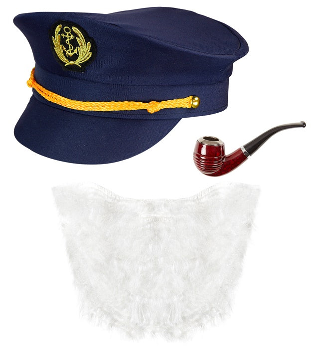 Kapitän-Set mit Mütze, Bart und Pfeife für Fasnacht und Karneval