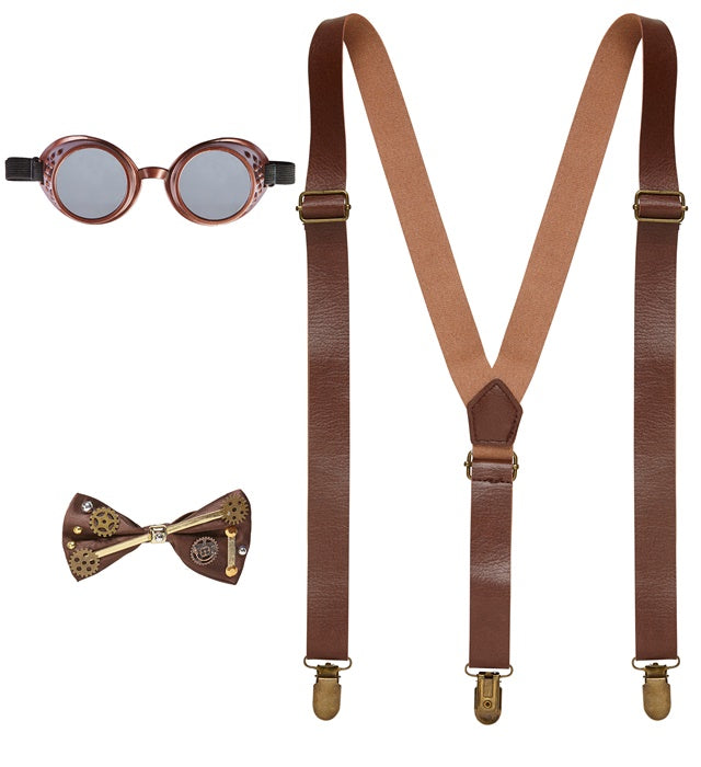 Steampunk Hosenträger, Fliege und Brille Set für Fasnacht-Kostüm