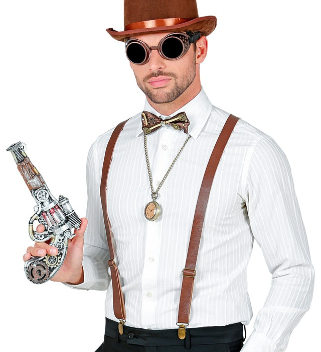 Steampunk Hosenträger, Fliege und Brille Set für Fasnacht-Kostüm