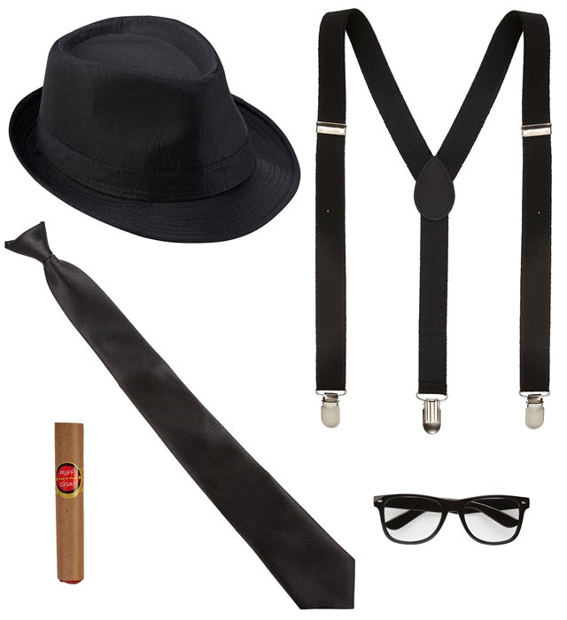 König des Blues Kostümset mit Hut, Hosenträger, Krawatte, Brille und Zigarre