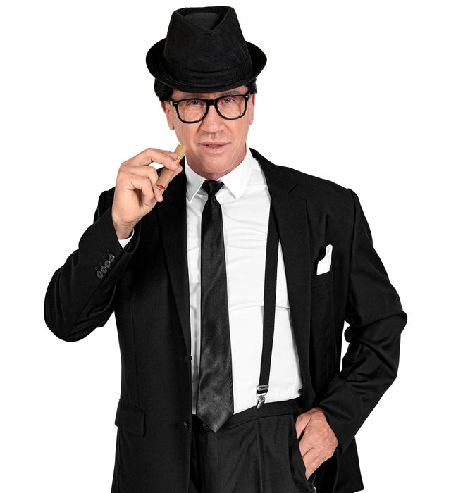 König des Blues Kostümset mit Hut, Hosenträger, Krawatte, Brille und Zigarre