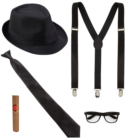 "KÖNIG DES BLUES" (Hut, Hosenträger, Krawatte, Brille, Zigarre) Schwarz