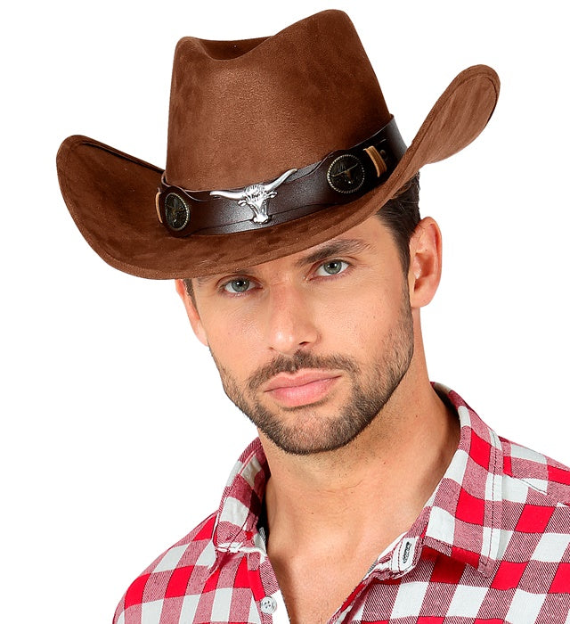 Cowboyhut in brauner Wildlederoptik für Fasnacht und Karneval