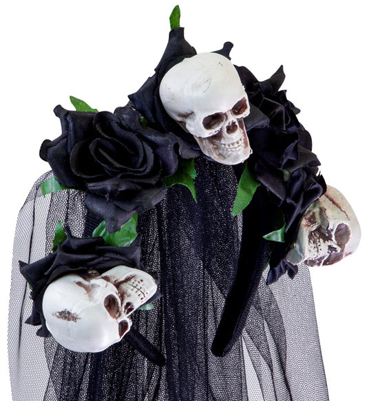 Schwarzer Brautschleier mit Totenköpfen und schwarzen Rosen als Halloween-Accessoire