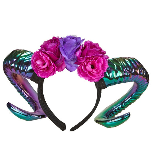 Widderhörner mit bunten Blumen im Oilslick-Look als Fasnacht-Accessoire