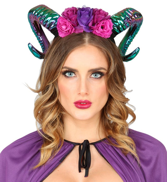 Widderhörner mit bunten Blumen im Oilslick-Look als Fasnacht-Accessoire