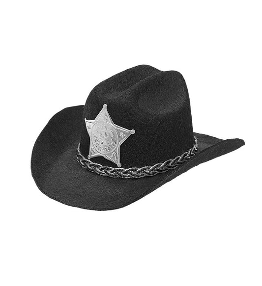 Schwarzer Mini Cowboyhut aus Filz mit silbernem Sheriffstern