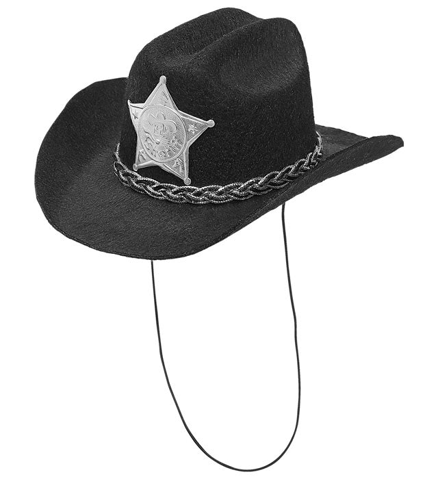 Schwarzer Mini Cowboyhut aus Filz mit silbernem Sheriffstern