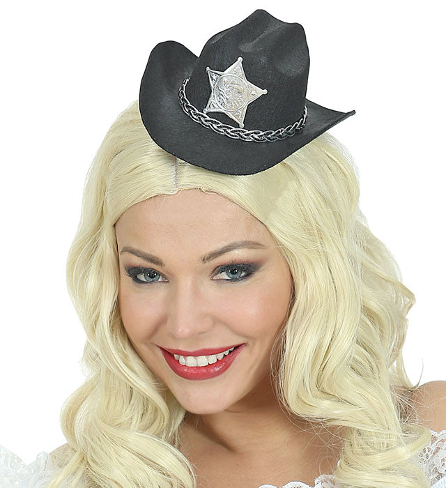 Schwarzer Mini Cowboyhut aus Filz mit silbernem Sheriffstern