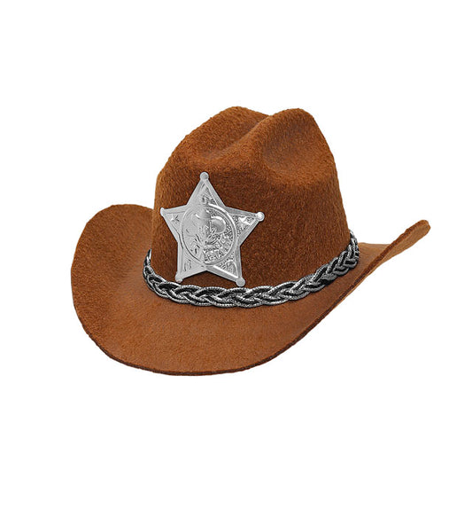 Brauner Mini Cowboyhut aus Filz mit Sheriffstern – Accessoire für Fasnacht und Karneval