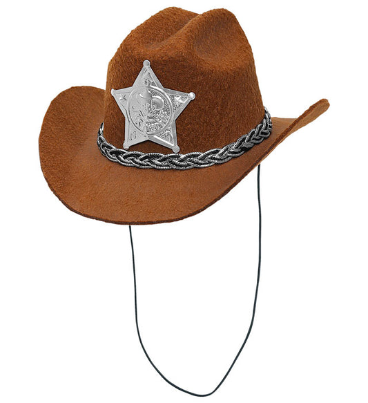 Brauner Mini Cowboyhut aus Filz mit Sheriffstern – Accessoire für Fasnacht und Karneval