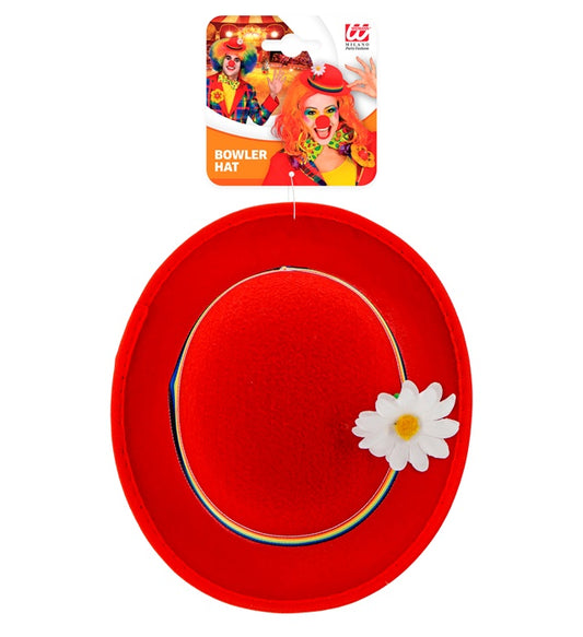 Rote Filz-Melone mit buntem Band und Blume als Clownhut fürs Fasnacht-Kostüm
