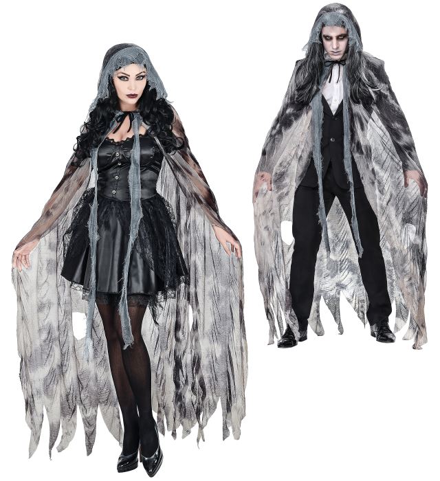Schwarzer GHOSTLY SPIRIT Umhang mit Kapuze, 145 cm lang, Halloween-Kostümzubehör