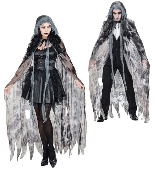 Schwarzer GHOSTLY SPIRIT Umhang mit Kapuze, 145 cm lang, Halloween-Kostümzubehör