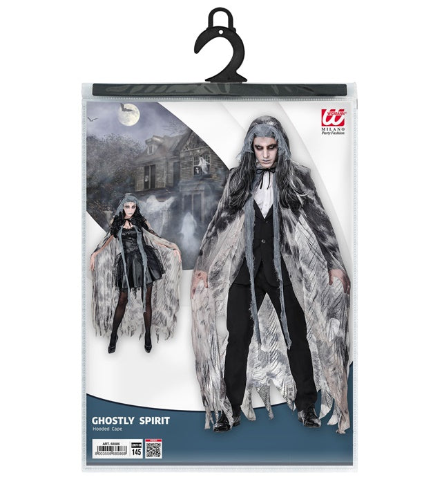 Schwarzer GHOSTLY SPIRIT Umhang mit Kapuze, 145 cm lang, Halloween-Kostümzubehör