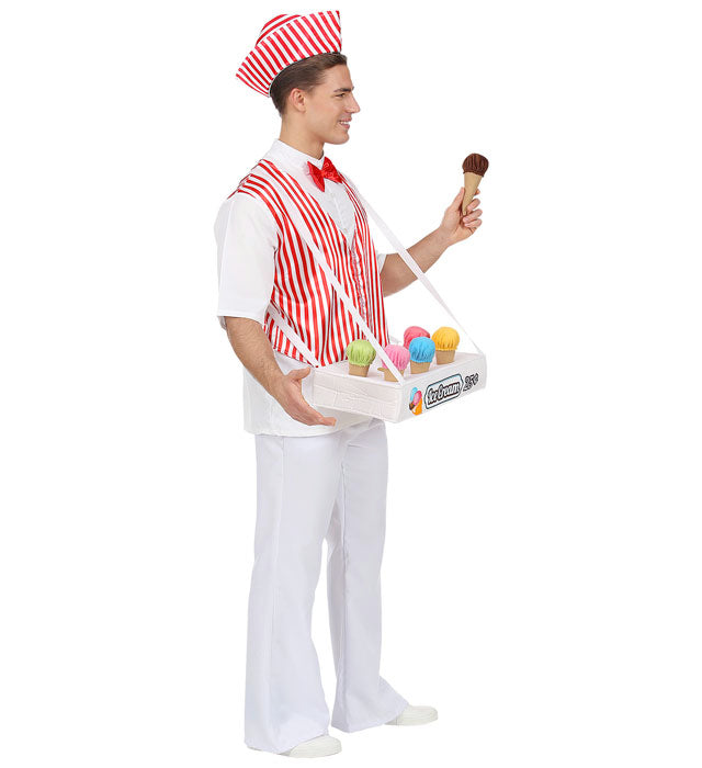 Eismann-Kostüm mit Hemd, Weste, Fliege, Mütze und Bauchladen mit Eiswaffeln