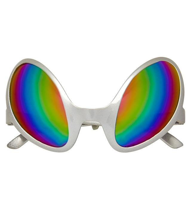 Alien Brille mit holografischen Gläsern auf weissem Hintergrund
