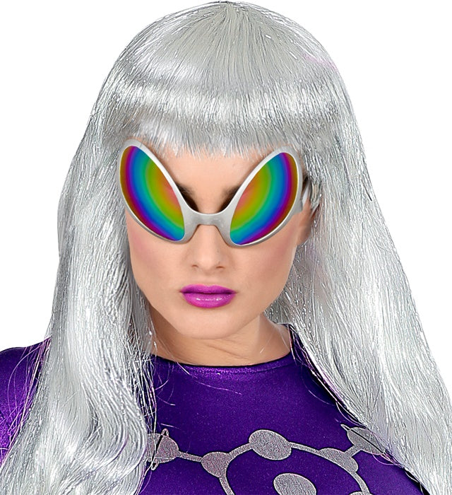 Alien Brille mit holografischen Gläsern auf weissem Hintergrund