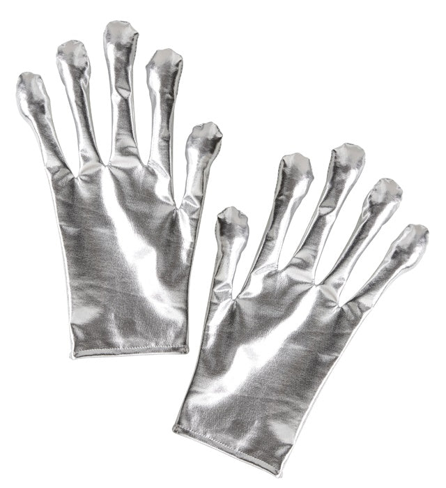 Silberne Alien Handschuhe mit metallischem Glanz auf schwarzem Hintergrund
