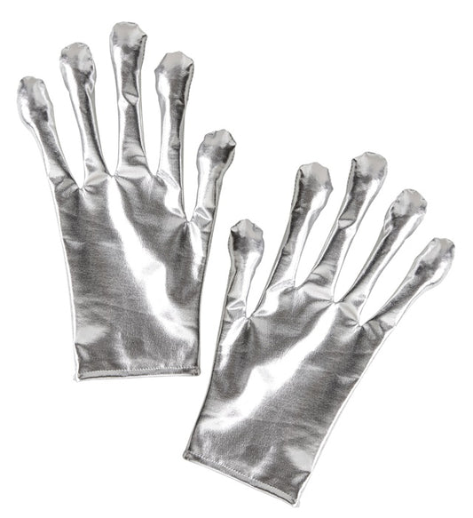 Silberne Alien Handschuhe mit metallischem Glanz auf schwarzem Hintergrund