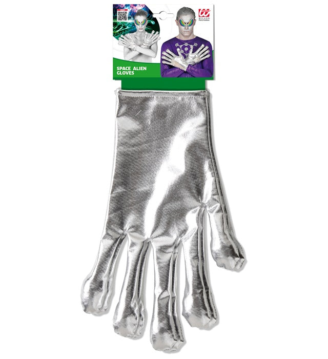 Silberne Alien Handschuhe mit metallischem Glanz auf schwarzem Hintergrund