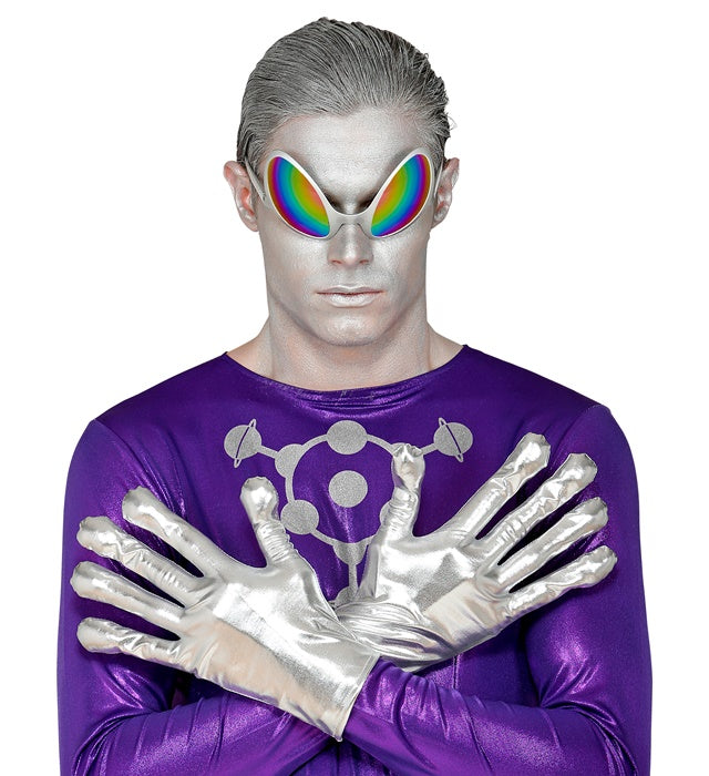 Silberne Alien Handschuhe mit metallischem Glanz auf schwarzem Hintergrund