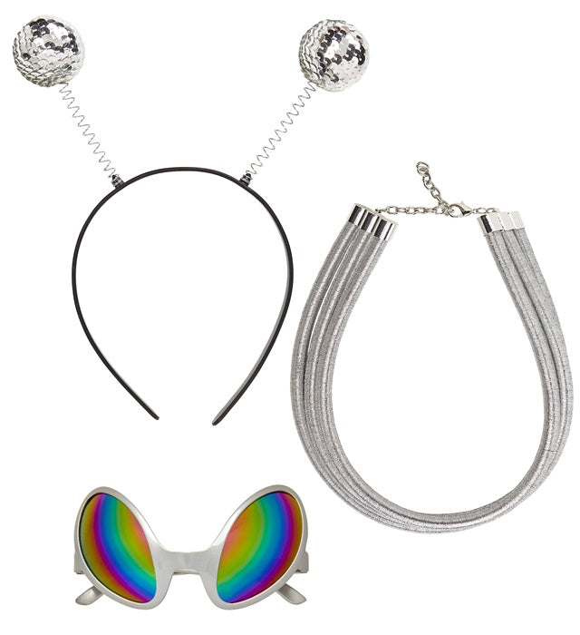 Alien Fasnacht Set mit grüner Antenne, futuristischer Brille und Kette