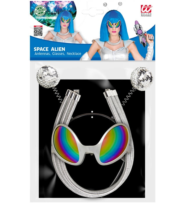 Alien Fasnacht Set mit grüner Antenne, futuristischer Brille und Kette