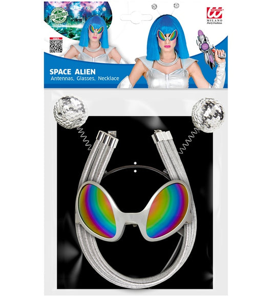 Alien Fasnacht Set mit grüner Antenne, futuristischer Brille und Kette