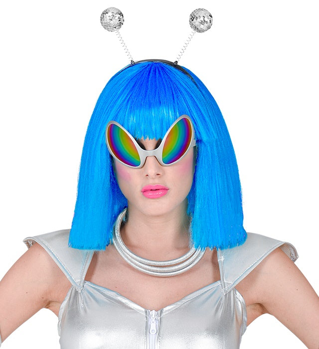 Alien Fasnacht Set mit grüner Antenne, futuristischer Brille und Kette