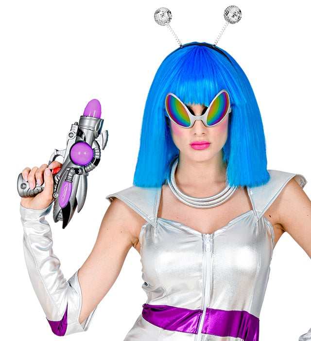 Alien Fasnacht Set mit grüner Antenne, futuristischer Brille und Kette
