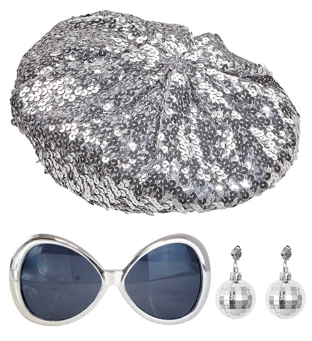 DISCO BABE Party-Set mit Paillettenmütze, Brille und Discokugel-Ohrringen