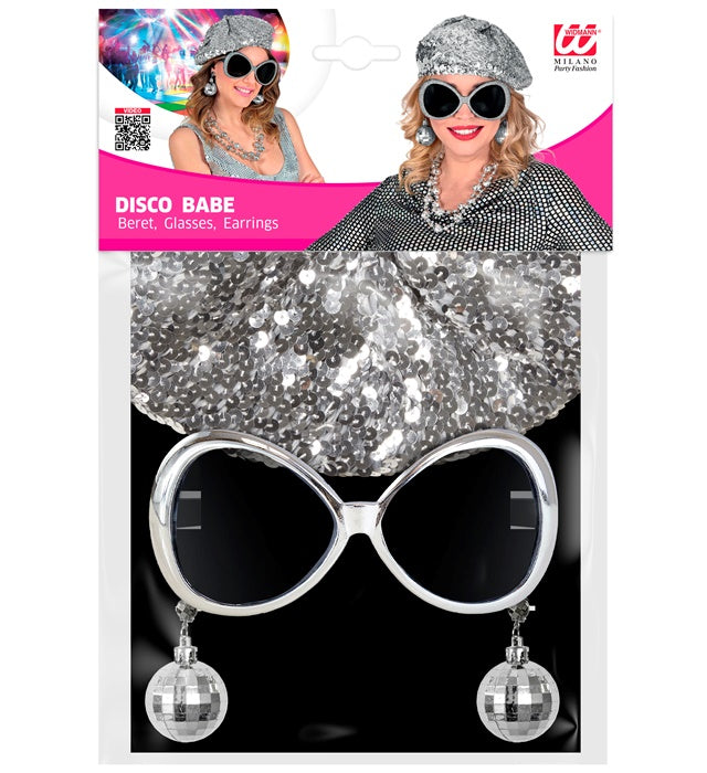 DISCO BABE Party-Set mit Paillettenmütze, Brille und Discokugel-Ohrringen