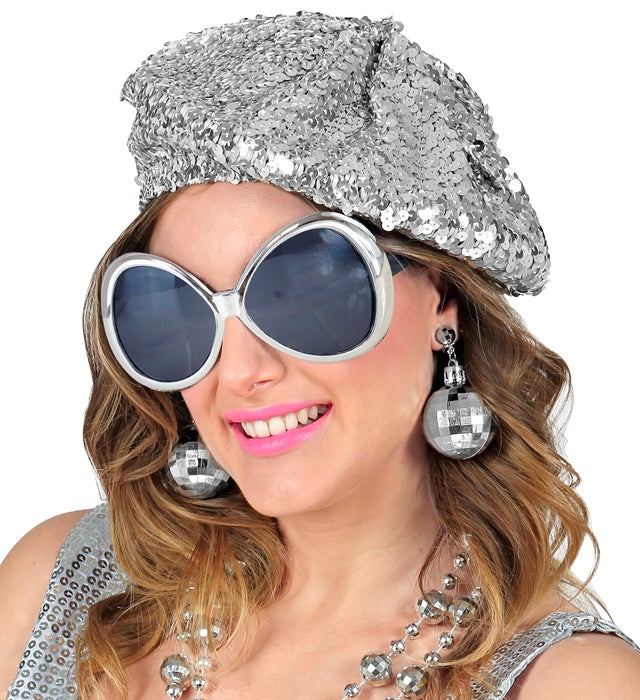 DISCO BABE Party-Set mit Paillettenmütze, Brille und Discokugel-Ohrringen