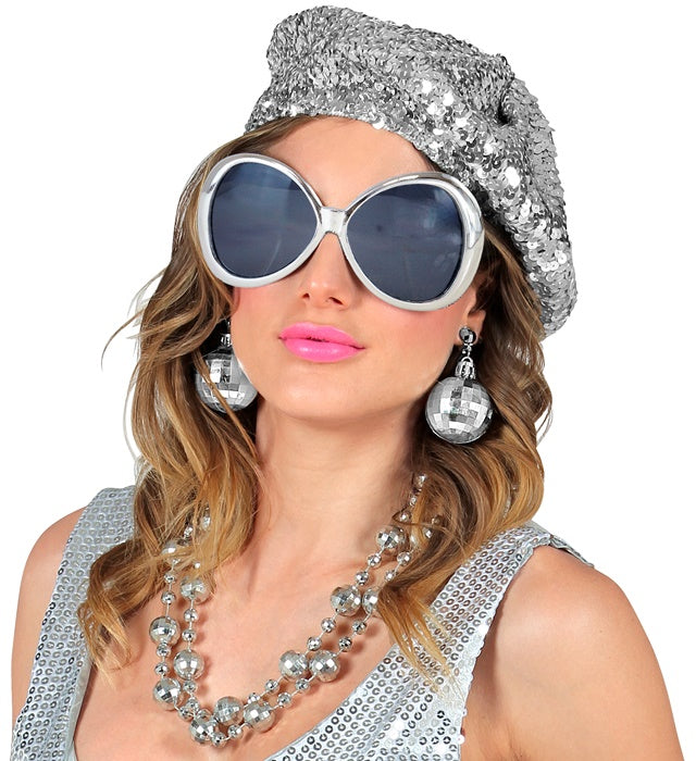 DISCO BABE Party-Set mit Paillettenmütze, Brille und Discokugel-Ohrringen