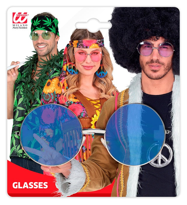 XL Hippie Brille mit großen blauen runden Gläsern auf weissem Hintergrund