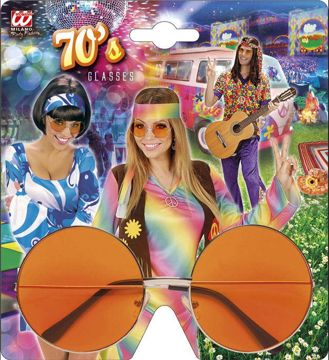 XL Hippie Brille mit großen orangenen Gläsern auf weißem Hintergrund