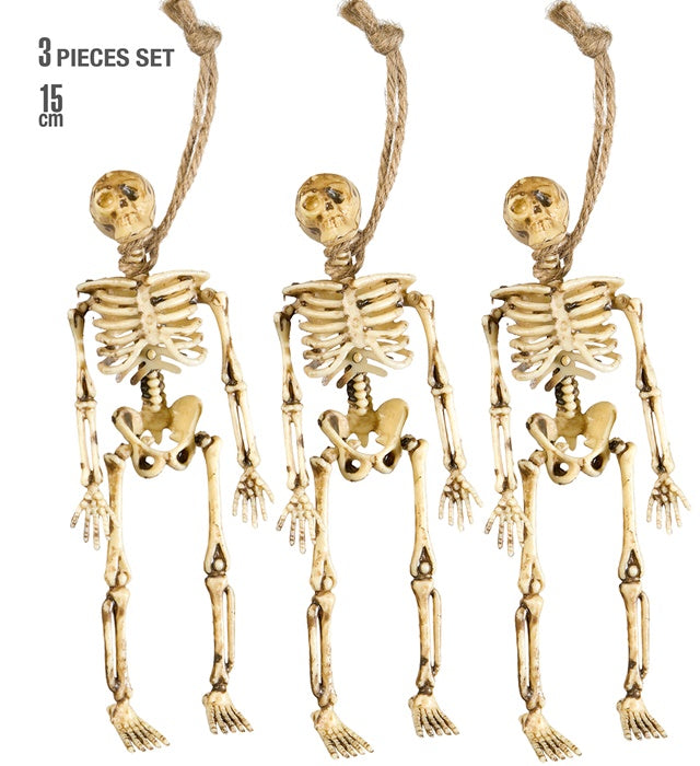 Set von drei kleinen Skelett-Figuren jeweils 15 cm groß auf weißem Hintergrund